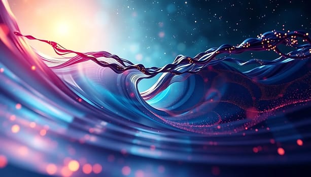 Fluid waves of vibrant red and blue swirl in a cosmic dance, evoking a dynamic, otherworldly mood. Luminous particles sparkle around a central, glowing orb, suggesting a nebula's mystical birth amidst the ethereal darkness.