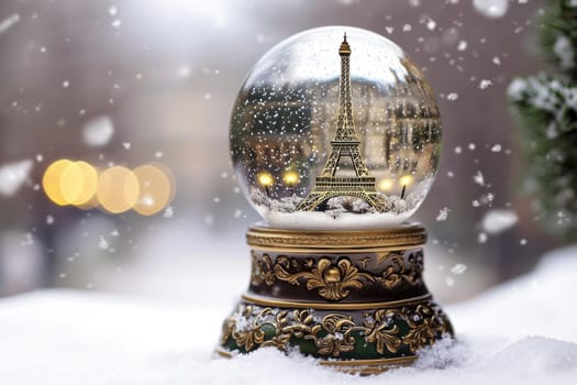A delicate snow globe showcasing the iconic eiffel tower amidst softly falling snow and warmly glowing streetlights. elegantly designed with fleur de lis patterns on the base, perfect for bringing parisian charm to holiday decor.