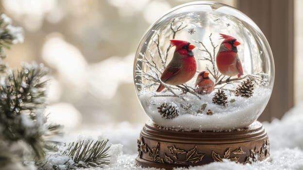 Cardinals perch on snow-covered branches within a forest-themed snow globe. glittering snowflakes and a nature-etched wooden base add a festive touch, perfect for holiday decor or nature-inspired designs.