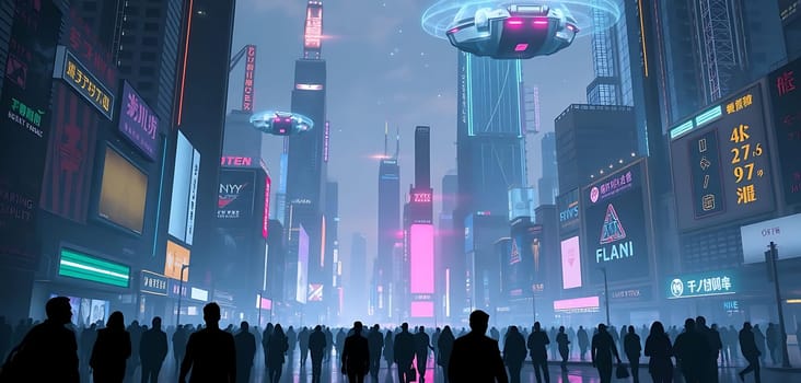 In a bustling, neon-lit cyberpunk city, towering skyscrapers adorned with vibrant advertisements loom over a crowded street. Above, futuristic flying vehicles cast a soft glow, enhancing the mystical, futuristic mood. People gather, silhouetted against the dazzling backdrop.