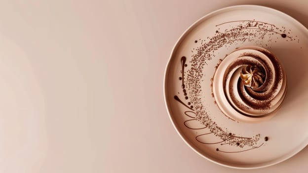 Mocha mousse cake adorned with intricate chocolate swirls and delicate gold leaf, presented on a stylish white ceramic plate. the soft beige background enhances the dessert's luxurious and sophisticated aesthetic, perfect for culinary presentations.