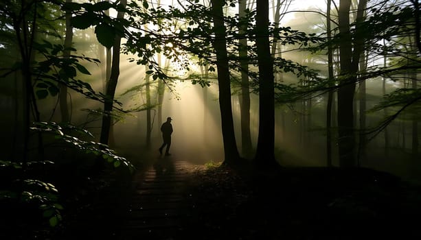 A solitary figure journeys through a misty forest, sunlight piercing the dense canopy, casting an ethereal glow. The serene, mystical mood is enhanced by the tall, shadowy trees and the soft, foggy atmosphere.