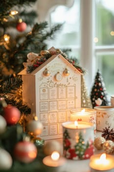 An advent calendar featuring daily inspirational quotes in elegant typography, set on a wooden desk. surrounded by cozy holiday elements like glowing candles, pine cones, and a softly lit christmas tree in the background.