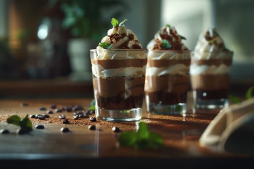 Gourmet mocha mousse parfaits presented in elegant glass jars, topped with swirls of whipped cream and a fresh mint sprig. set in a tranquil environment with soft, natural lighting enhancing the textures and colors, creating a sophisticated dessert presentation.