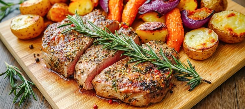 Juicy sliced grilled steak seasoned with rosemary and spices served with roasted potatoes, carrots, and red onions on a wooden cutting board