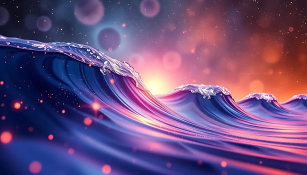 Majestic waves crash under a vibrant, otherworldly sky. The setting sun casts a blend of purples and oranges, creating a surreal mood. Sparkling orbs float gracefully, adding an ethereal touch to the dynamic seascape.