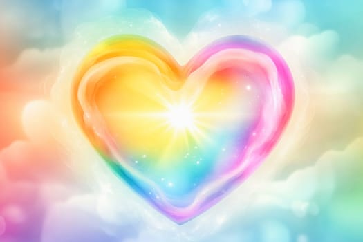 Colorful heart shape shining with bright light and pastel clouds, representing love, happiness, and positive emotions