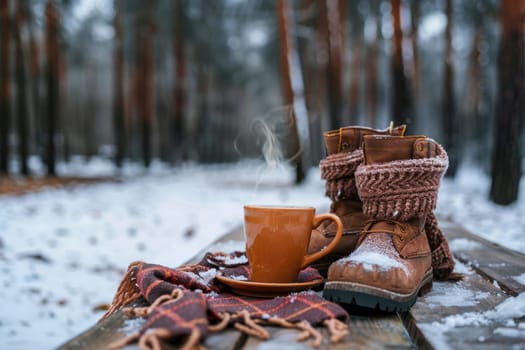 Experience a tranquil winter scene with mocha mousse boots, a cozy scarf, and a steaming mug of coffee on a rustic wooden bench surrounded by a serene snowy forest, capturing the warmth of a cozy outdoor moment.