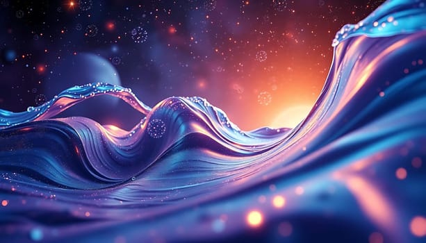 A cosmic wave crests gracefully in space, glistening with celestial light. The fluid, iridescent form swirls amidst stars and nebulas, evoking a mystical, serene mood. Bubbles and droplets sparkle, highlighting the wave's ethereal journey through the cosmos.