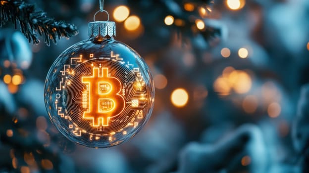 Christmas bauble ornament with glowing bitcoin symbol hanging on decorated christmas tree with festive lights