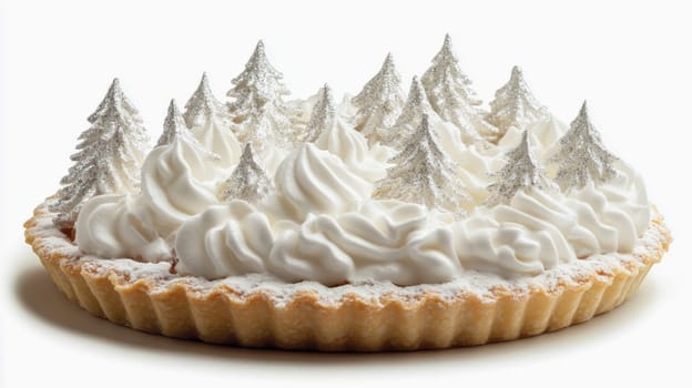 Christmas tart decorated with meringue and silver fir trees, creating a festive winter wonderland