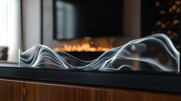 Vibrant die-cut sticker showcasing an abstract wave design on a high-tech soundbar within a contemporary home theater. emphasizes the fusion of modern art and technology in sleek, minimalist environments, enhancing audio-visual aesthetics.