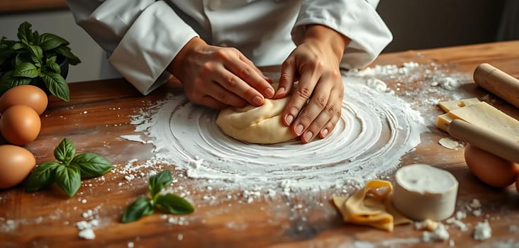 In a cozy kitchen, hands skillfully knead dough on a floured wooden surface. Eggs, fresh basil, and a rolling pin hint at a culinary creation in progress, evoking a sense of warmth and culinary craftsmanship.