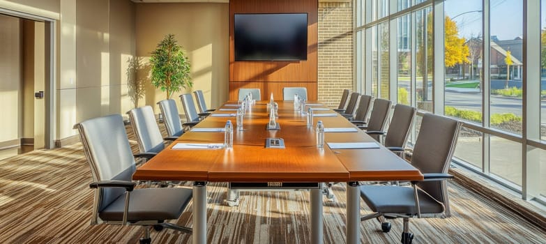 Empty conference room bathed in sunlight, awaiting executives for a productive meeting