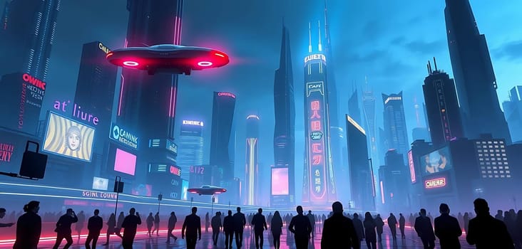 A futuristic metropolis buzzes with life under a twilight sky. Neon lights illuminate towering skyscrapers, while flying vehicles glide overhead. Crowds gather on glowing streets, immersing in a vibrant blend of technology and urban living. Holographic advertisements flicker, adding to the dynamic, cyberpunk atmosphere.
