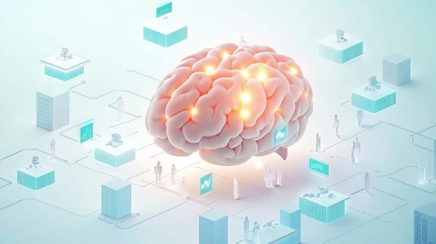 3d rendering of a human brain illuminating a network of interconnected business processes, symbolizing the power of innovation and strategic thinking in a technology driven world