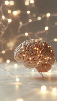 Anatomical model of human brain wrapped with glowing lights symbolizing active neural connections and brain activity
