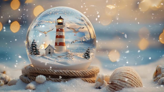Snow globe featuring a miniature lighthouse on a snowy beach with flying seagulls. the swirling snowflakes and festive lights enhance the coastal theme, while nautical rope and seashell details wrap the base, adding elegant charm.