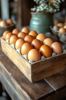 Brown eggs nestled in a wooden crate evoke farm fresh goodness and culinary potential