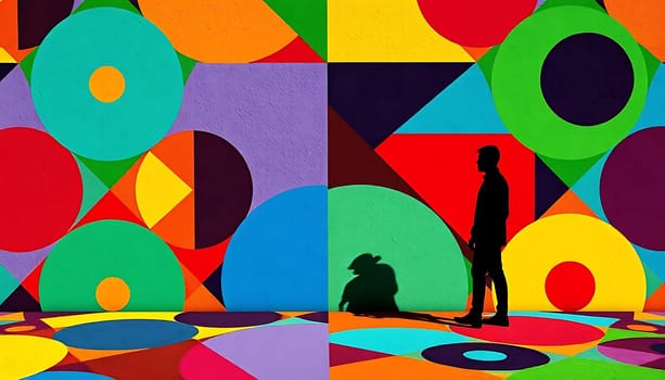 A vibrant, geometric mural sets a playful stage as a person and their canine companion cast shadows, blending into the colorful backdrop. The scene radiates joy and artistic flair.
