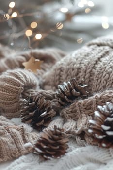 Warm mocha mousse knitwear lies on a snowy surface, surrounded by pinecones and illuminated by twinkling fairy lights. the serene winter atmosphere enhances the cozy texture, creating an inviting and festive scene perfect for seasonal designs.