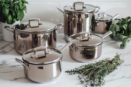 High-end cookware in rich mocha and cream tones displayed on a marble countertop alongside fresh garlic and herbs. the sophisticated design emphasizes luxury kitchen aesthetics, perfect for modern culinary settings and home chefs.