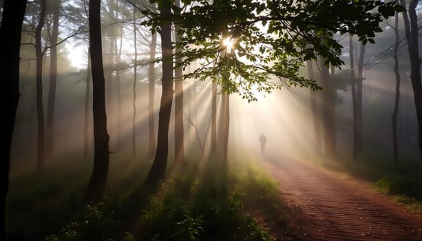 In a serene, misty forest, sunrays pierce through towering trees, illuminating a lone figure on a winding path. The ethereal mood is enhanced by the soft fog, creating a mystical atmosphere. The path, lined with foliage, invites a journey into the unknown.