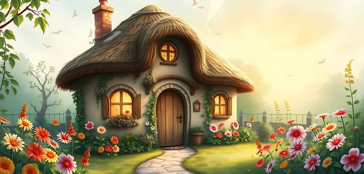 A charming thatched cottage nestles in a vibrant garden, where colorful flowers bloom. The cottage, with its warmly lit windows and a welcoming door, exudes coziness. Birds flutter around the scene as the sun sets, casting a serene glow over this enchanting landscape.