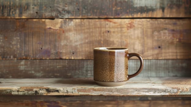 Handcrafted ceramic mug in a mocha mousse glaze sits on a wooden shelf, complemented by warm, earthy tones. the rustic setting includes additional pottery and dried flowers, creating a cozy, inviting atmosphere for home decor enthusiasts.