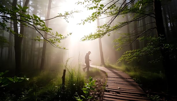 In a misty, ethereal forest, a solitary figure walks along a wooden path. Sunlight filters through dense foliage, casting a warm, mystical glow. The mood is serene and enchanting, with tall trees and lush greenery framing the scene.