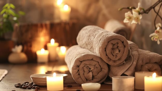 Tranquil spa retreat featuring mocha mousse towels, a serene massage bed, and softly glowing candles creating a calming atmosphere. perfect for relaxation, meditation, and wellness themes in design and marketing.