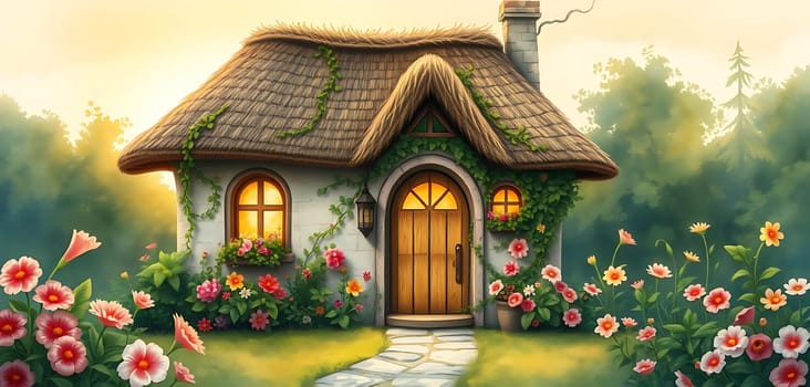 A whimsical cottage nestles in a lush garden, bathed in warm sunset hues. Its thatched roof and ivy-covered walls evoke a fairytale charm. Blooming flowers and a welcoming path enhance the cozy, enchanting mood.