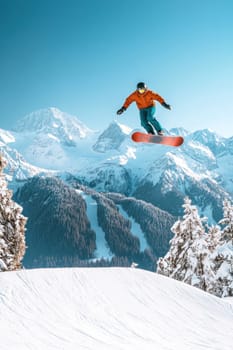 Snowboarder jumping high, performing a trick with snowy mountains in the background on a sunny day