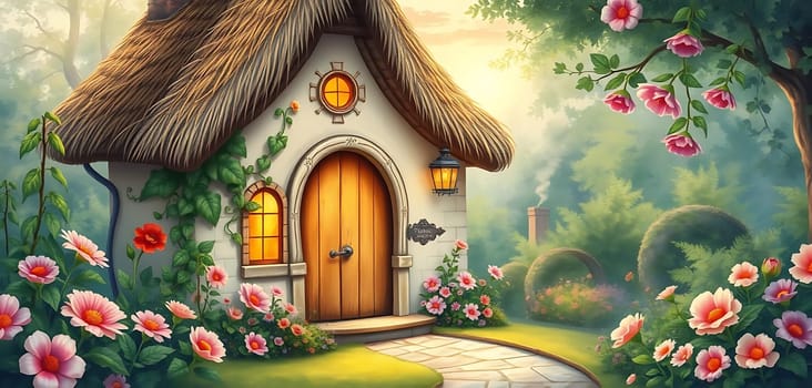 Nestled in a vibrant forest, a charming thatched-roof cottage exudes warmth. Lush flowers bloom around it, while sunlight filters through the trees, creating a whimsical, inviting atmosphere. The cozy door and round window add to the fairytale allure.