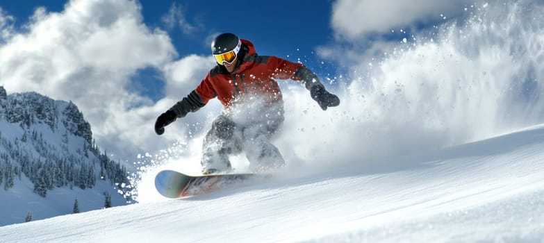 Snowboarder enjoying a sunny day on perfectly groomed slopes, carving a fast turn and splashing powder snow