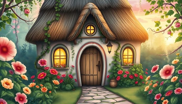 A quaint, thatched-roof cottage nestles in a lush, vibrant garden, evoking a fairytale mood. Warm light glows from windows, and flowers bloom vividly around the stone path. The serene setting exudes charm and warmth.