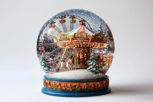 Winter carnival snow globe featuring a detailed ferris wheel, carousel, and festive food stalls. swirling snowflakes surround the scene inside, creating a magical holiday atmosphere. the vibrant base is painted with traditional holiday colors.