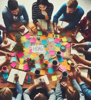A group of people are sitting around a table with a large diagram on it. They are all working together on a project, with some people writing on the diagram and others looking at it