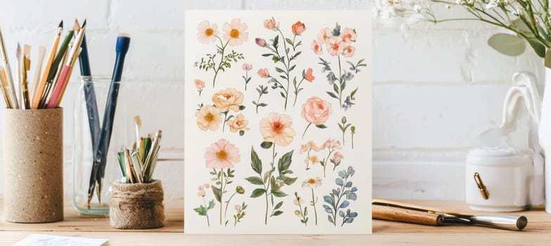 Pastel floral sticker sheet featuring delicate flower motifs, styled on a light wooden desk. accompanied by vintage writing tools, decor items, and a cup of coffee, creating a charming and creative workspace atmosphere for crafting enthusiasts.
