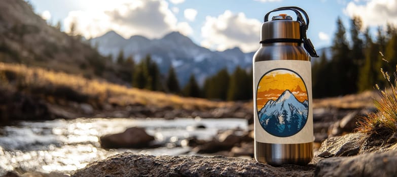 A stainless steel water bottle with a die-cut sticker featuring a bold adventure theme, placed on a rocky path. snow-capped mountains and evergreen trees provide a stunning backdrop, embodying outdoor exploration and natural beauty.