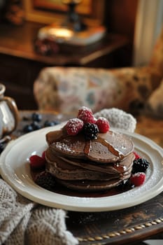 Stack of mocha mousse pancakes topped with maple syrup and fresh berries on a white plate. this inviting breakfast setting includes a plaid tablecloth, outdoor elements like a tent and greenery, and a rustic atmosphere.