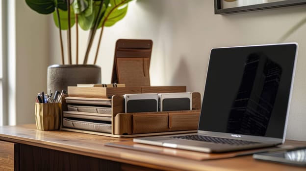 Stylish workspace featuring mocha mousse file organizers and a sleek laptop, set in a contemporary home office environment. a decorative plant adds a touch of greenery, complementing the clean and organized aesthetic.