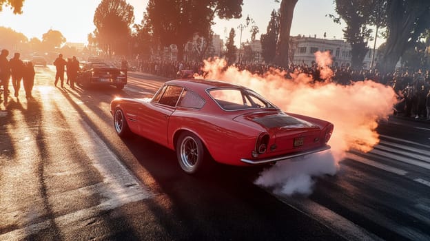 Pink muscle car revs its engine, creating smoke as a crowd cheers at an event. The vibrant sunset adds excitement to this dynamic scene of automotive passion in california's urban streets