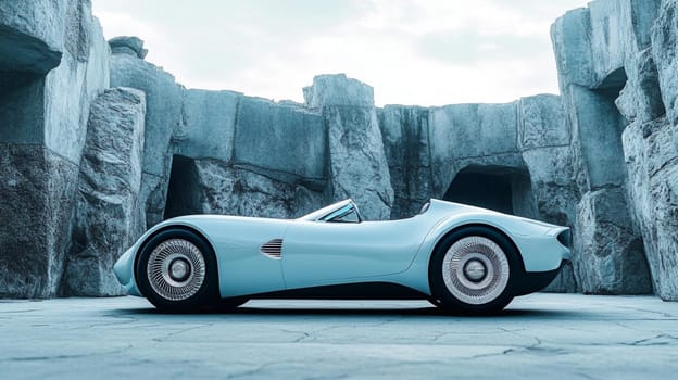 Modern silver sportscar is parked in front of a large concrete wall with a rocky cliff behind it. The image evokes feelings of luxury, wealth, and affluence