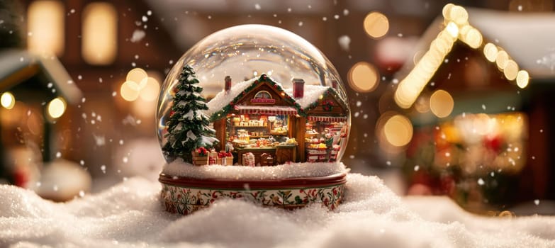A nostalgic snow globe featuring a vintage holiday market scene. small stalls adorned with treats and gifts are nestled within the globe, surrounded by swirling snow. the base displays traditional festive patterns, evoking seasonal charm.