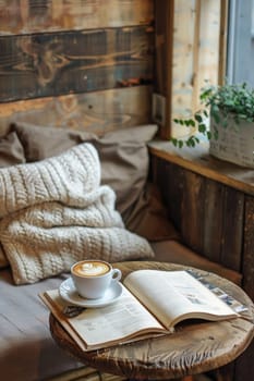 A charming cafe setting featuring a rustic wooden table with a latte art cup and an open book. sunlight streams through the window, mocha mousse cushions and creating a serene reading nook ambiance.