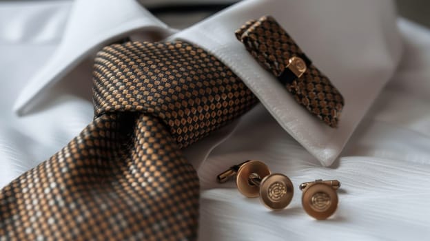 Chic composition with mocha mousse cufflinks, polka dot tie, and pocket square, styled on a crisp white dress shirt. perfect for sophisticated men's fashion and formal accessory trends in professional photography.