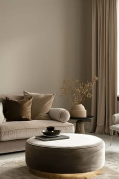 A plush mocha mousse ottoman graces a minimalist living room, featuring neutral tones and elegant gold accents. the serene space includes a modern sofa, abstract art, textured rug, and tasteful decor, creating a sophisticated ambiance.