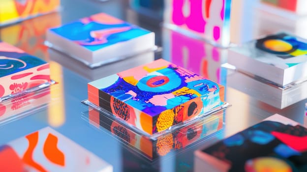 Various colorful sticker designs displayed on a clear acrylic surface, showcasing vivid reflections and a modern aesthetic. perfect for branding, promotional materials, art showcases, or interior decoration with a playful touch.