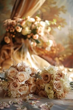Elegant wedding setup featuring mocha mousse themed bouquets and matching decorations. the sunset backdrop enhances the romantic atmosphere, exquisite floral arrangements and the refined dining setting.